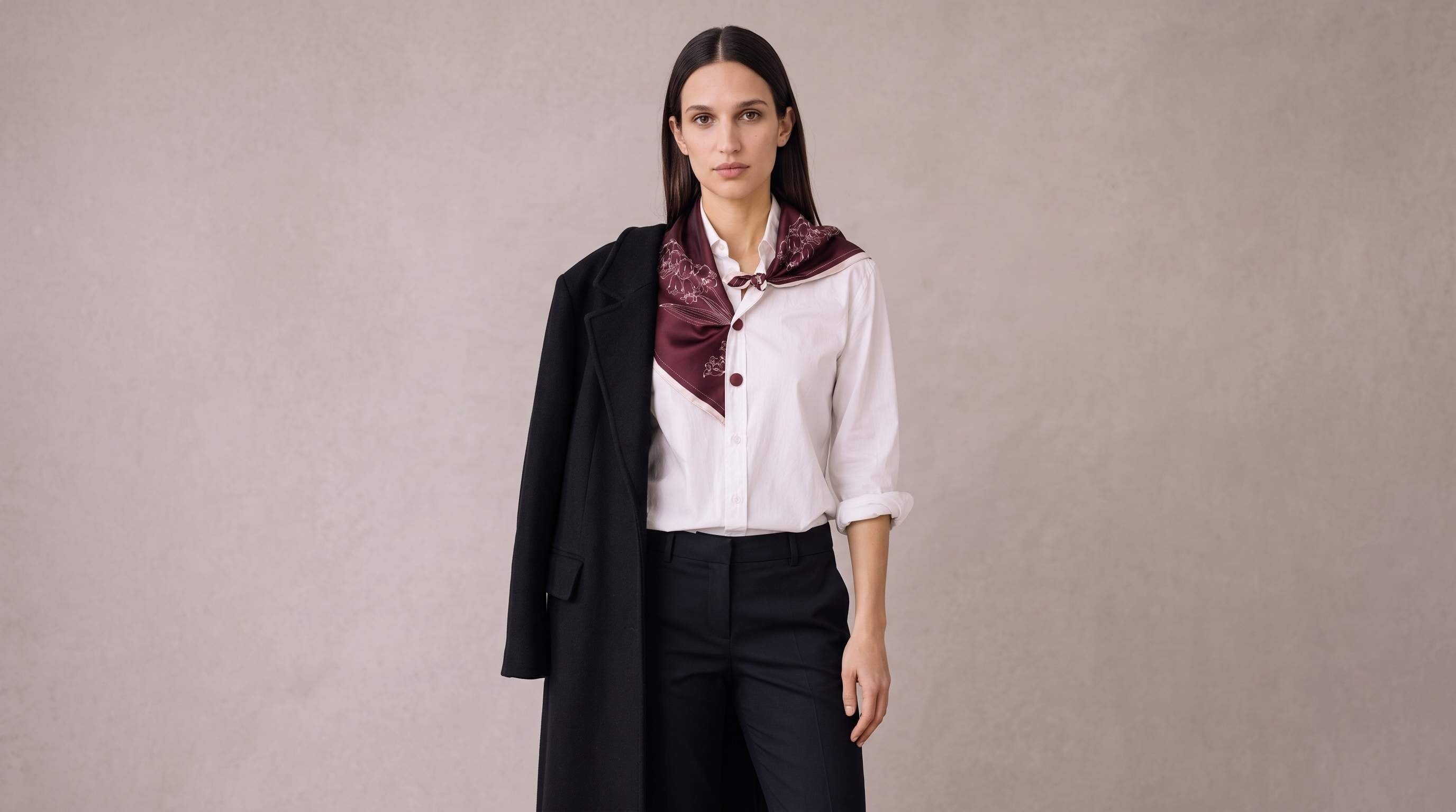 Kvinna klädd i vit skjorta, svarta kostymbyxor och scarf över axlarna.