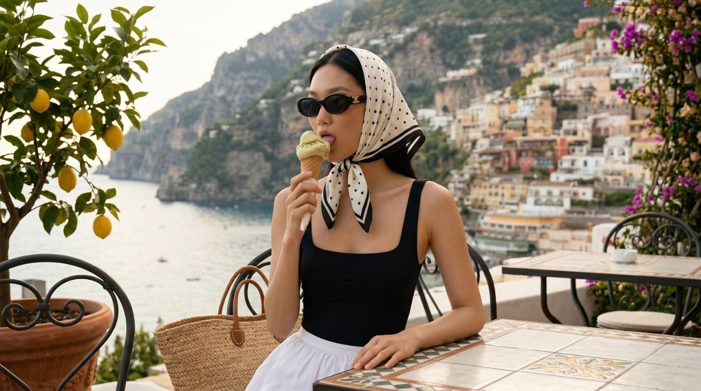 Italiensk sidensjal i Como-siden stylad under semester vid Medelhavet