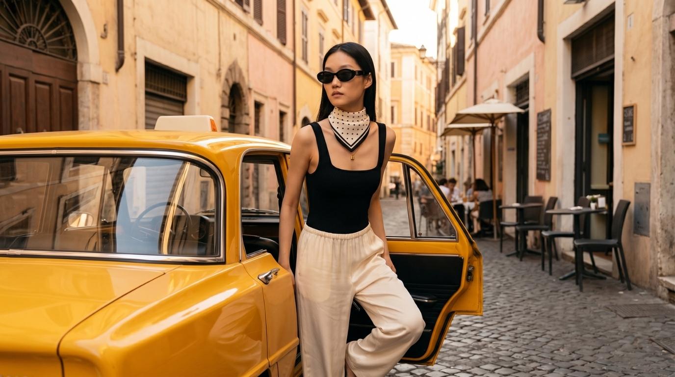 Modell med mönstrad sidensjal i Como-siden och klassisk city styling