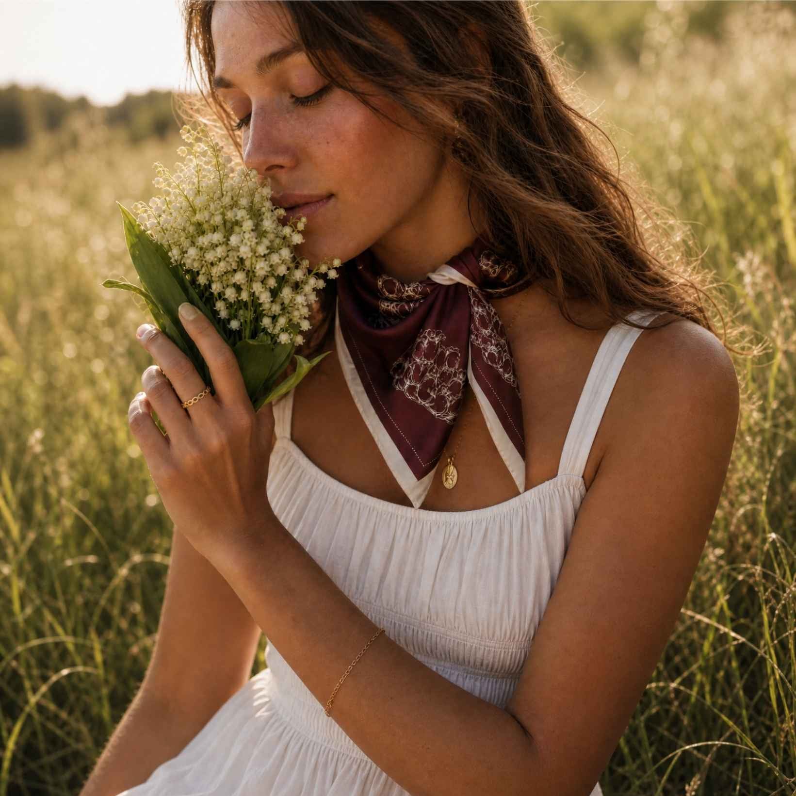 Kvinna på äng luktar på liljekonvaljer klädd i mörk röd blommig sidensjal och vit bomullsklänning.